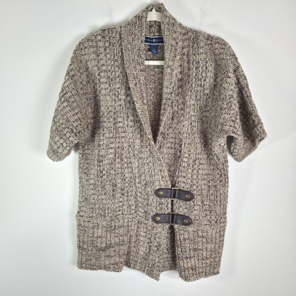 Karen Scott Women's Short Sleeve Knit Cardigan Sweater Toggle Closure Beige Sm